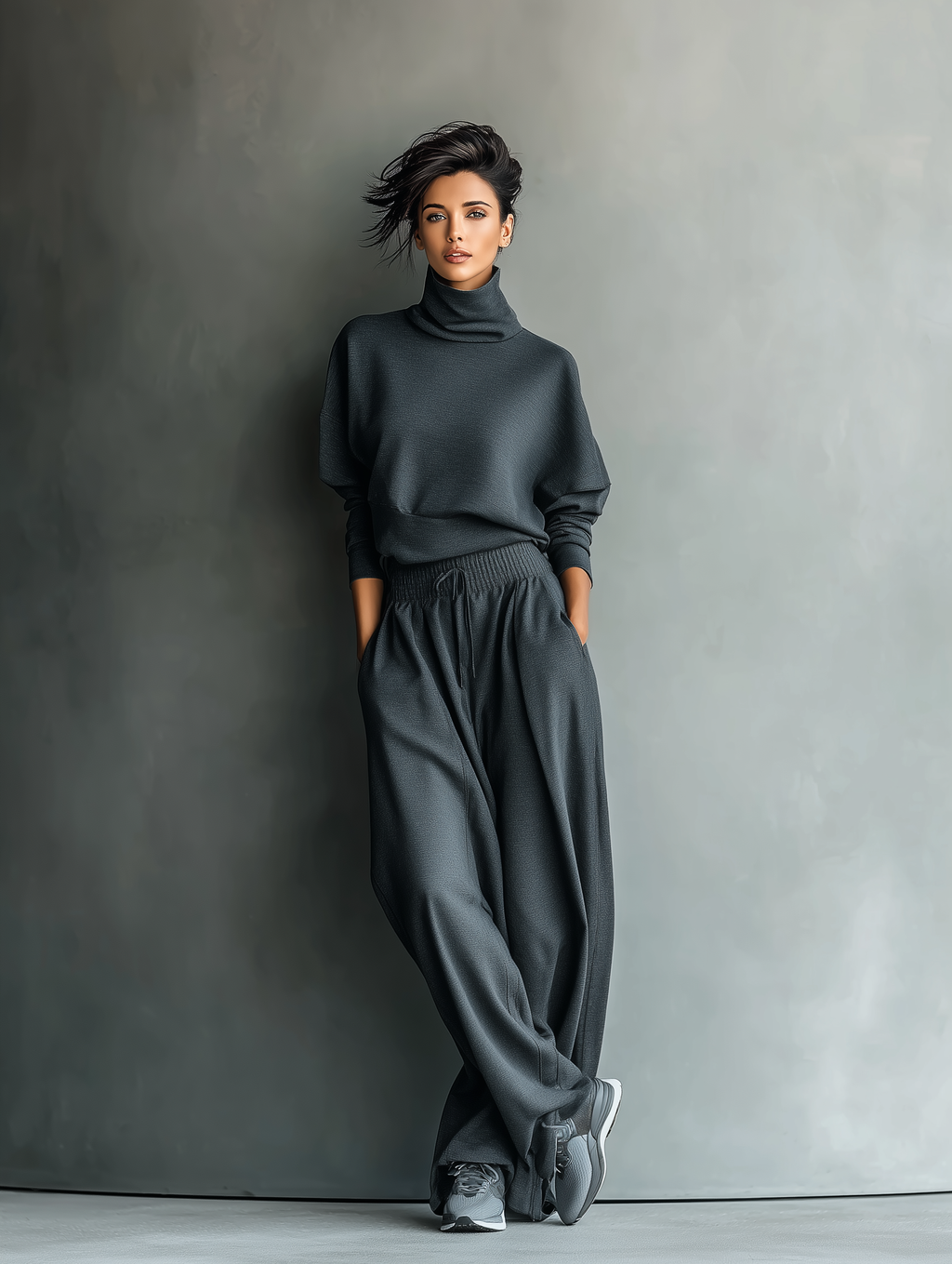 Charcoal Knit Turtleneck & Wide-Leg Pants Set