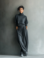 Charcoal Knit Turtleneck & Wide-Leg Pants Set