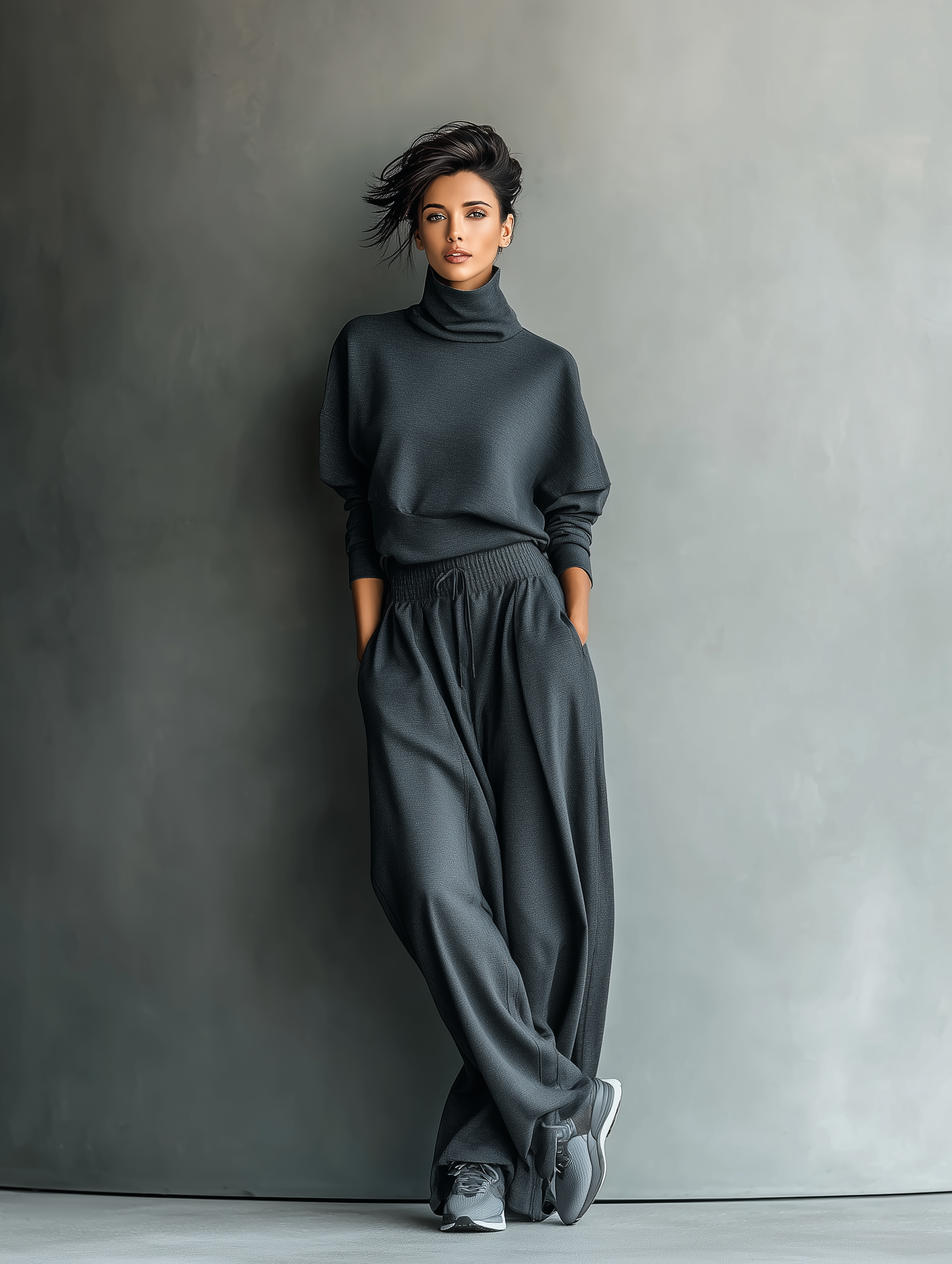 Charcoal Knit Turtleneck & Wide-Leg Pants Set