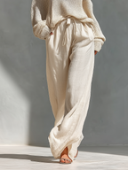 Beige Linen High-Waisted Wide-Leg Pants