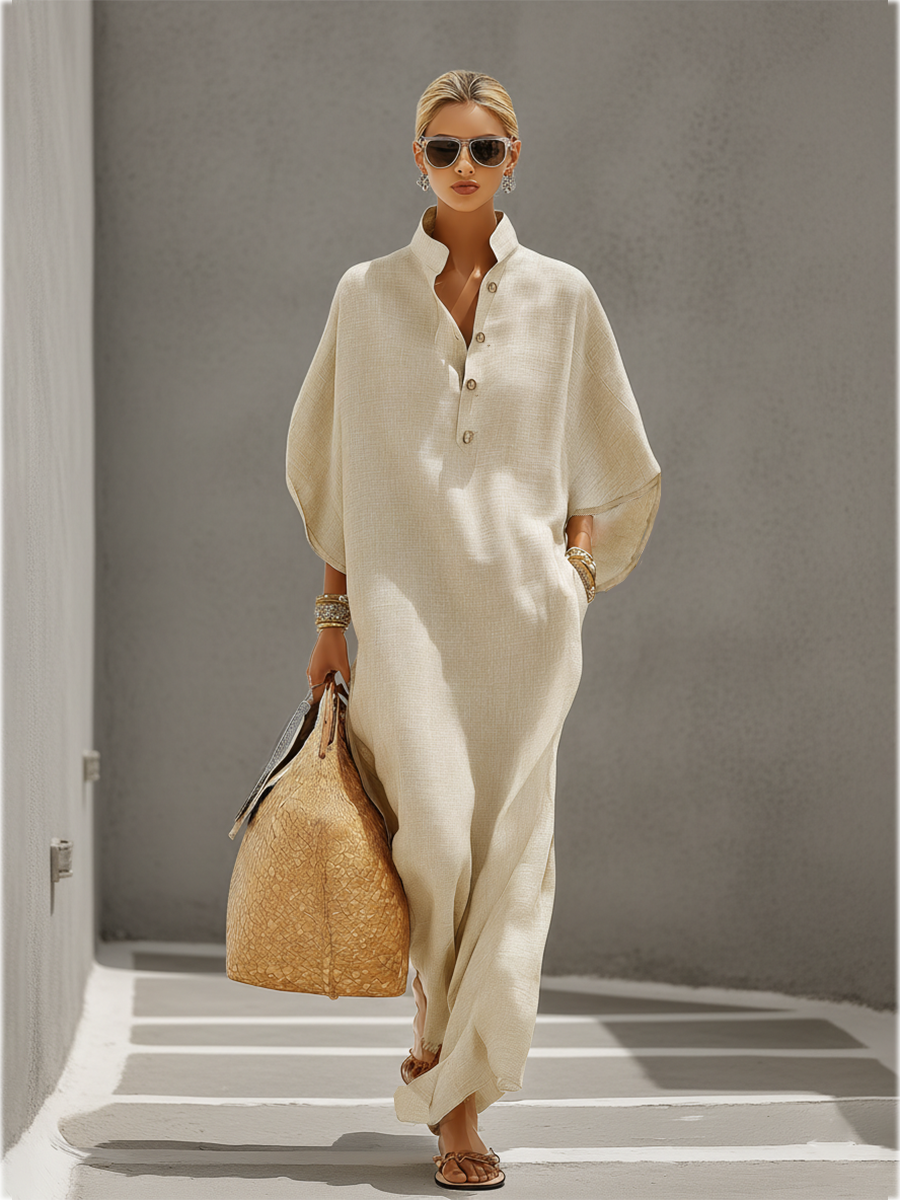 Oatmeal Linen Mandarin Collar Dress