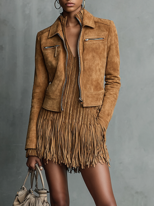 Cropped Suede Lapel Zipper Jacket