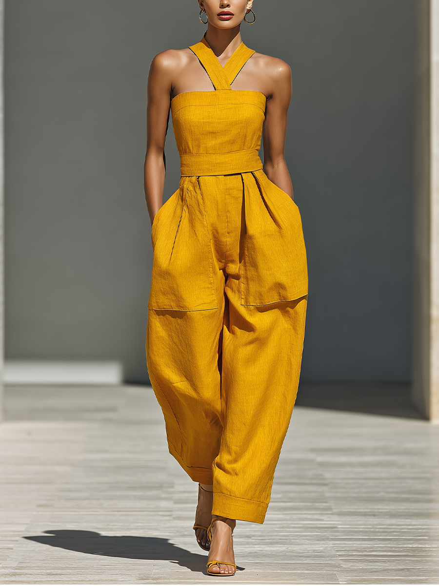 Mustard Linen Crisscross Neck Jumpsuit