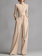 Neutral Knit Gathered Waist Jumpsuit