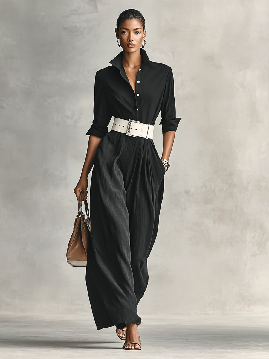 Lapel Single-Breasted Belted Long-Sleeve Jumpsuit
