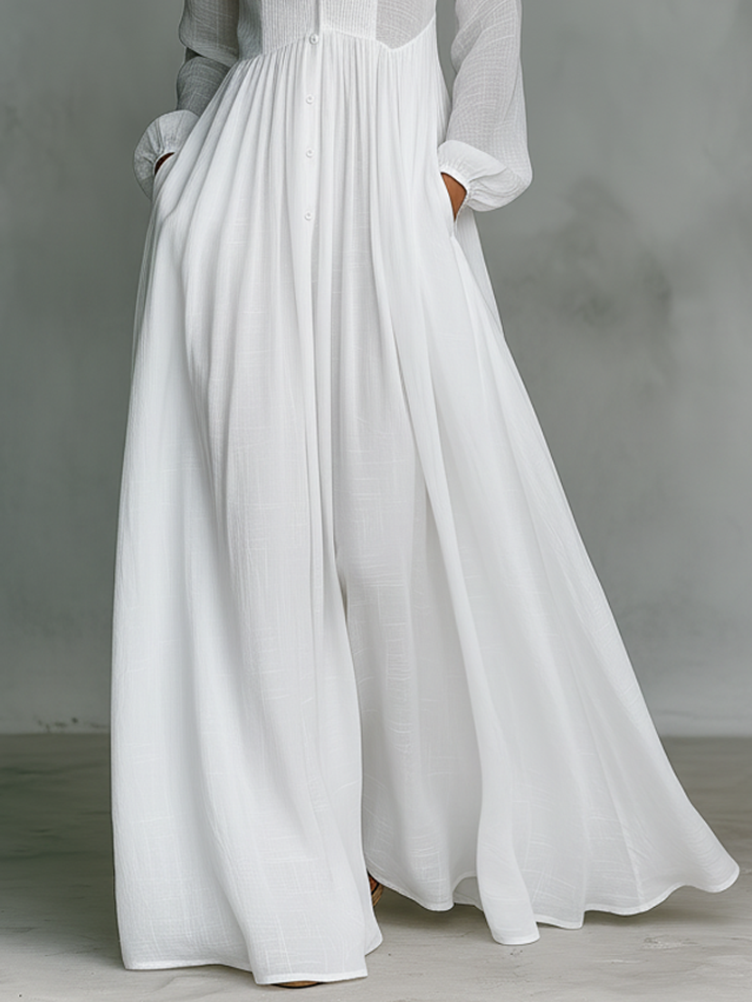 Cotton Linen Stand Collar Maxi Dress