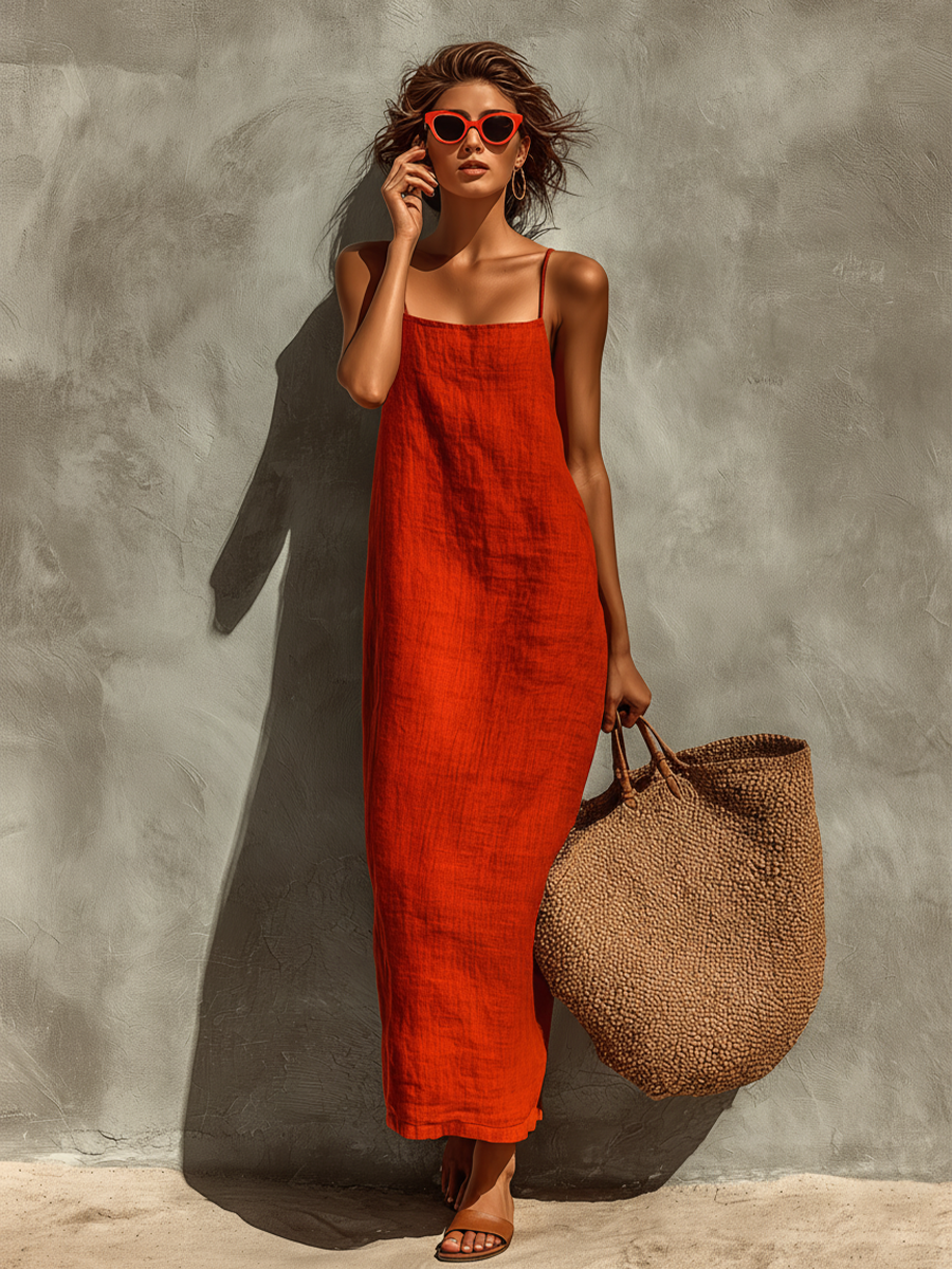 Red Square Neck Spaghetti Strap Dress