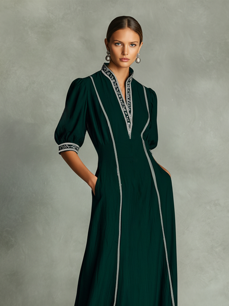 Women's Dark Green Textured Maxi Dress With Stand Collar & Contrast Piping, Modern Vintage-Chic Style Dress MDZ1484D5LYL