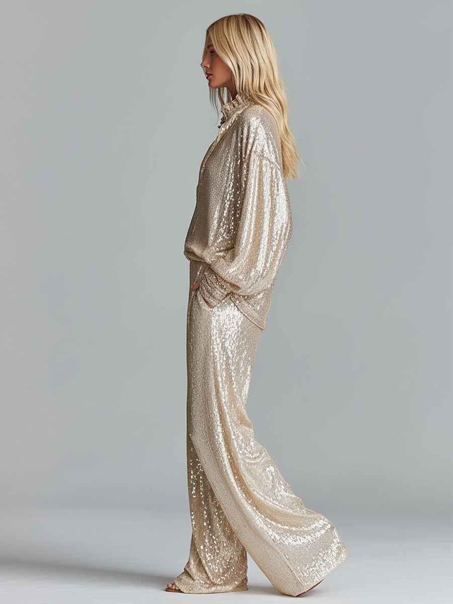 Gold Sequin Half-Zip Wide-Leg Party Set