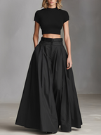 Women's Black Stretch-Knit & Woven Set With Cropped Top & Maxi Dress, Timeless Sleek-Chic Style Set (without Belt) MDZ1412A1I
