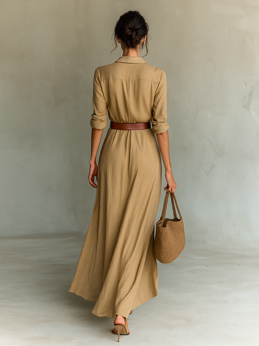 Lapel Belted Long Sleeve Maxi Dress