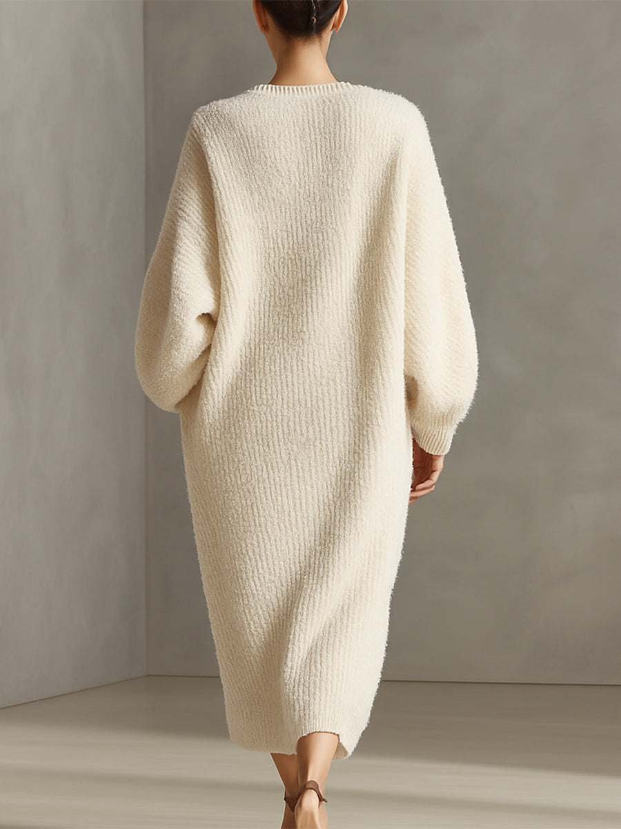 Cream Faux Mink Knit Asymmetric Midi Dress