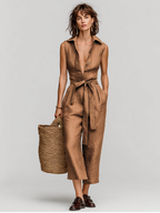 Tobacco Brown Linen Self-Tie Collared Jumpsuit