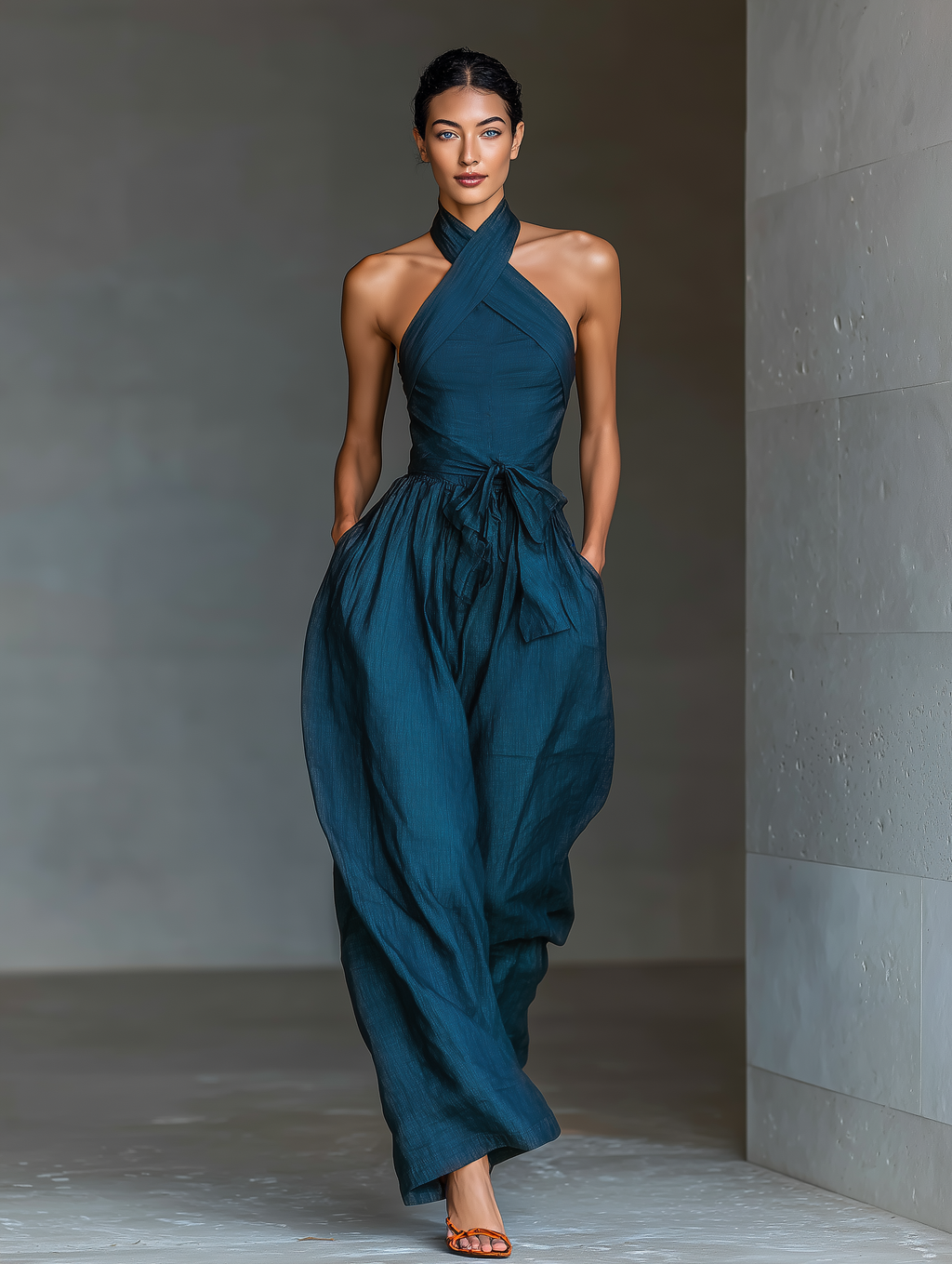 Linen Cross-Halter Tie-Waist Wide-Leg Jumpsuit