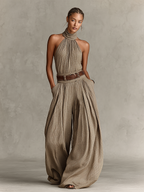 Taupe Halter Neck Wide-Leg Jumpsuit