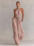 Blush Halter Neck Pleated Ruched Jumpsuit