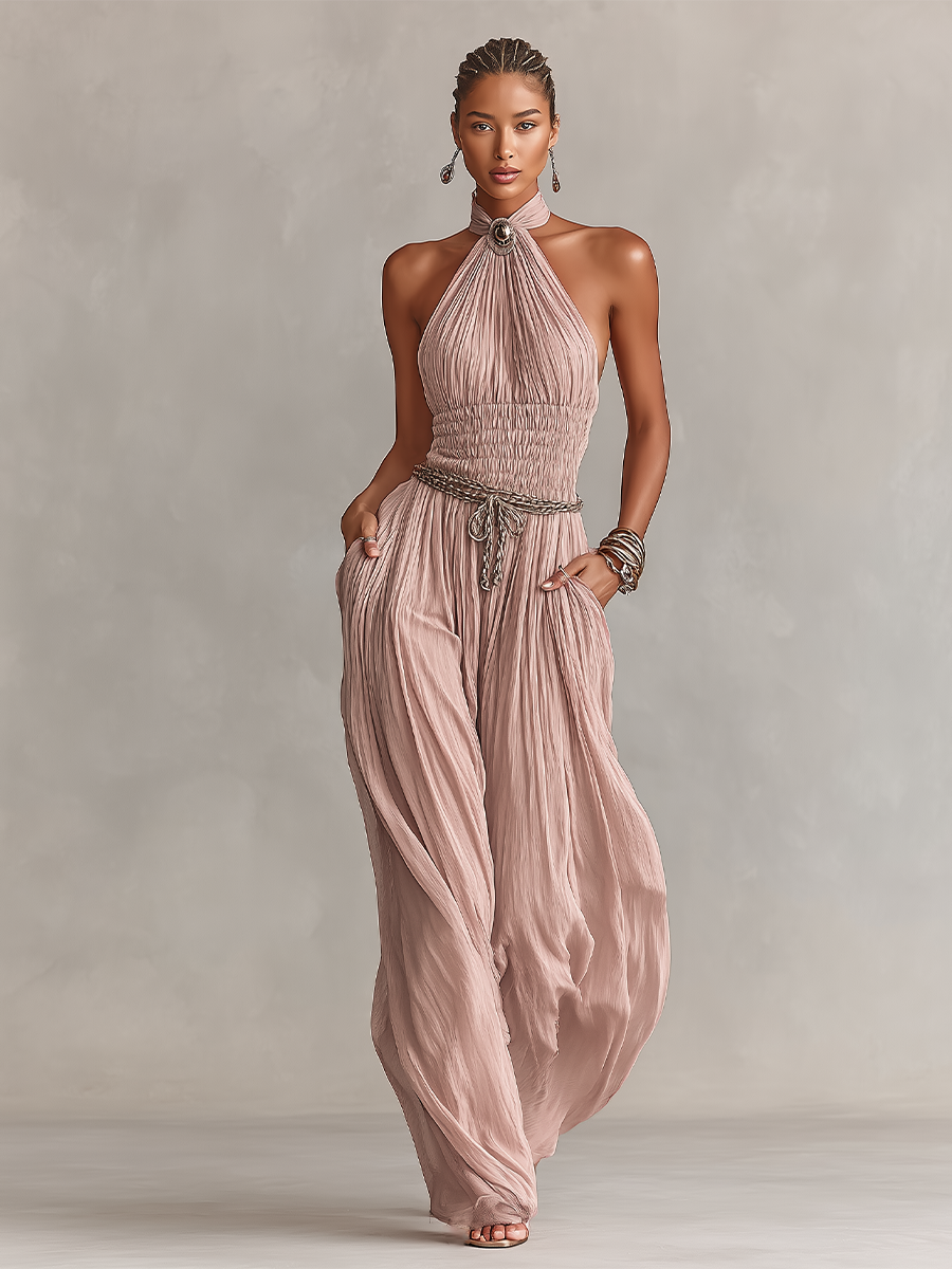 Blush Halter Neck Pleated Ruched Jumpsuit