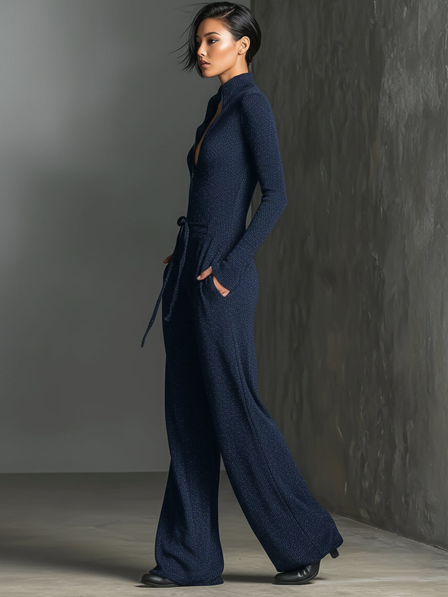 Sparkling Knit Zipper Front Jumpsuit
