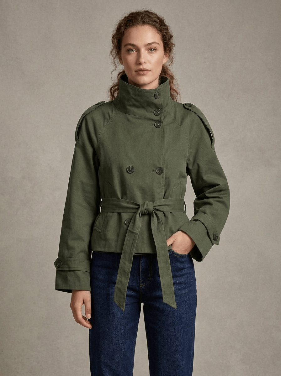 Women's High Collar Button Front Waist Tie Coat | Short