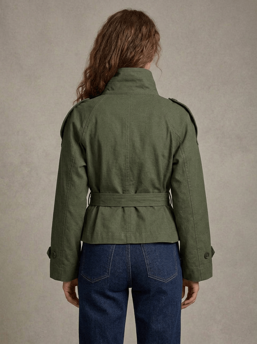 Women's High Collar Button Front Waist Tie Coat | Short