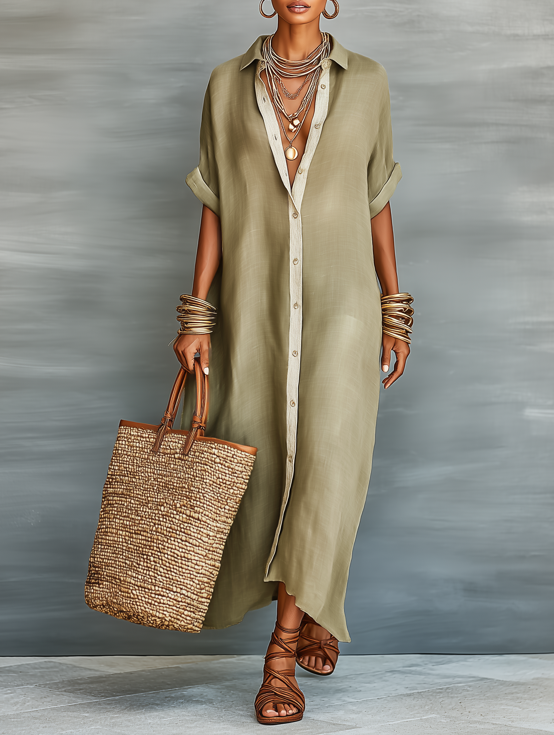 Linen Blend Short Sleeve Shirt Maxi Dress