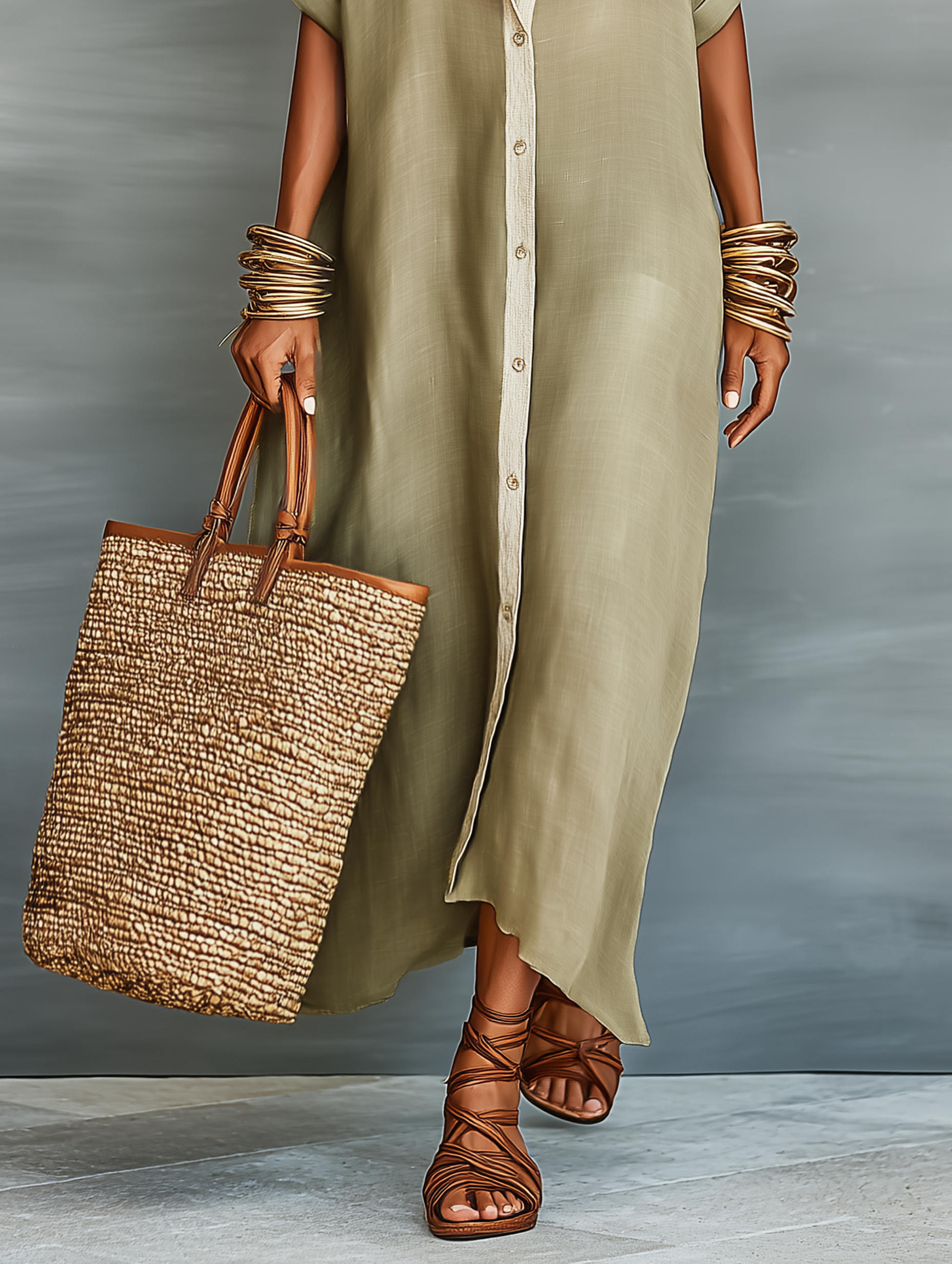 Linen Blend Short Sleeve Shirt Maxi Dress