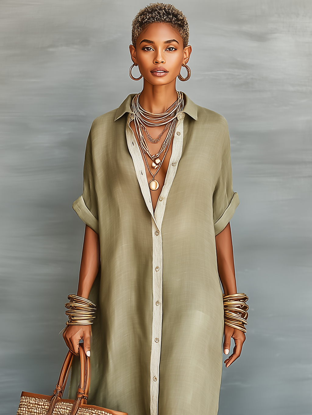 Linen Blend Short Sleeve Shirt Maxi Dress