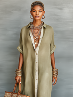 Linen Blend Short Sleeve Shirt Maxi Dress