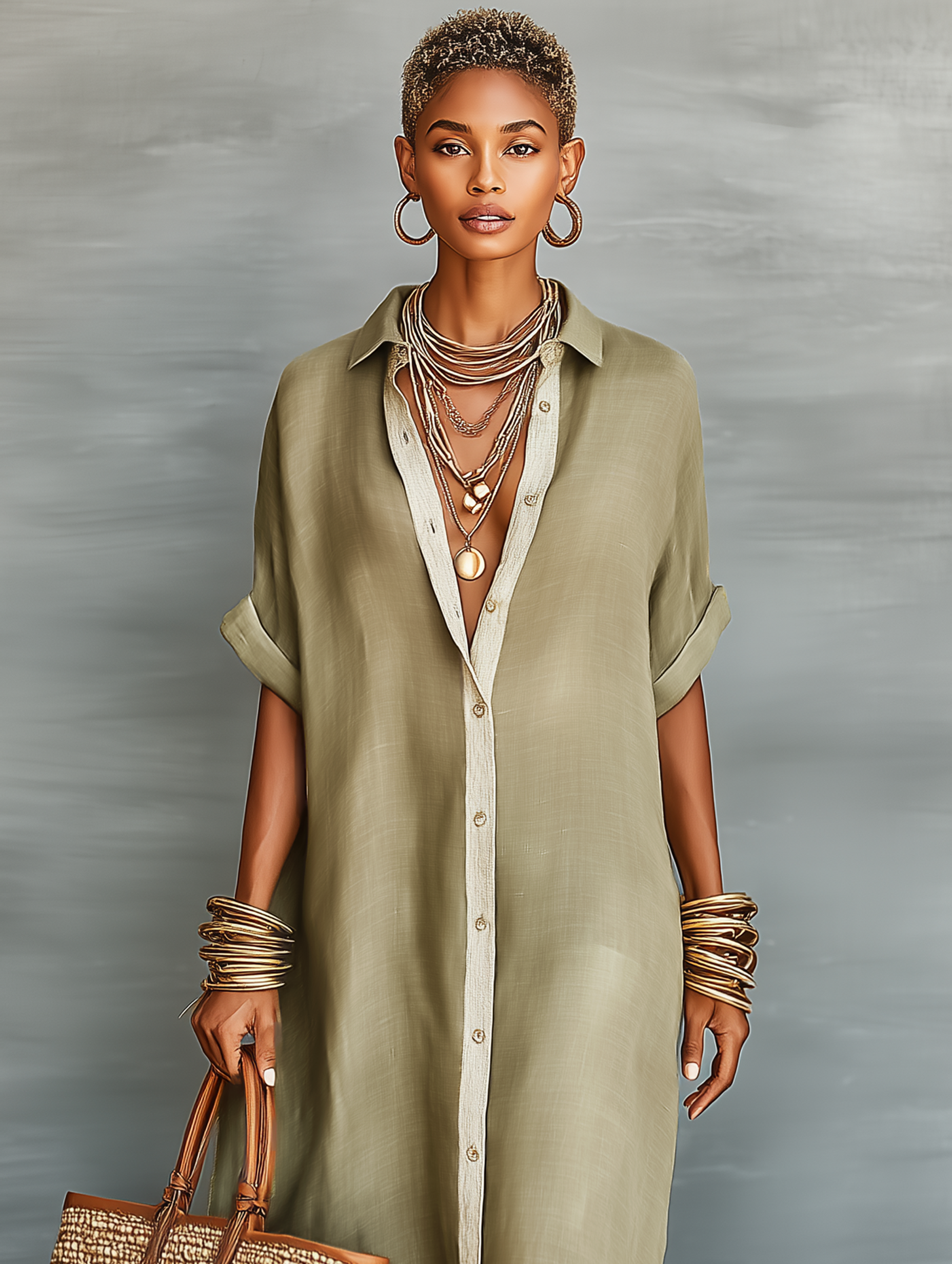Linen Blend Short Sleeve Shirt Maxi Dress