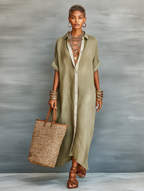 Linen Blend Short Sleeve Shirt Maxi Dress