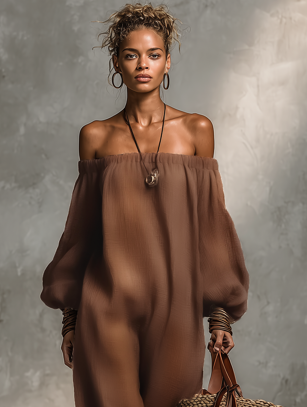Linen Strapless Long-Sleeve Jumpsuit