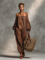 Linen Strapless Long-Sleeve Jumpsuit