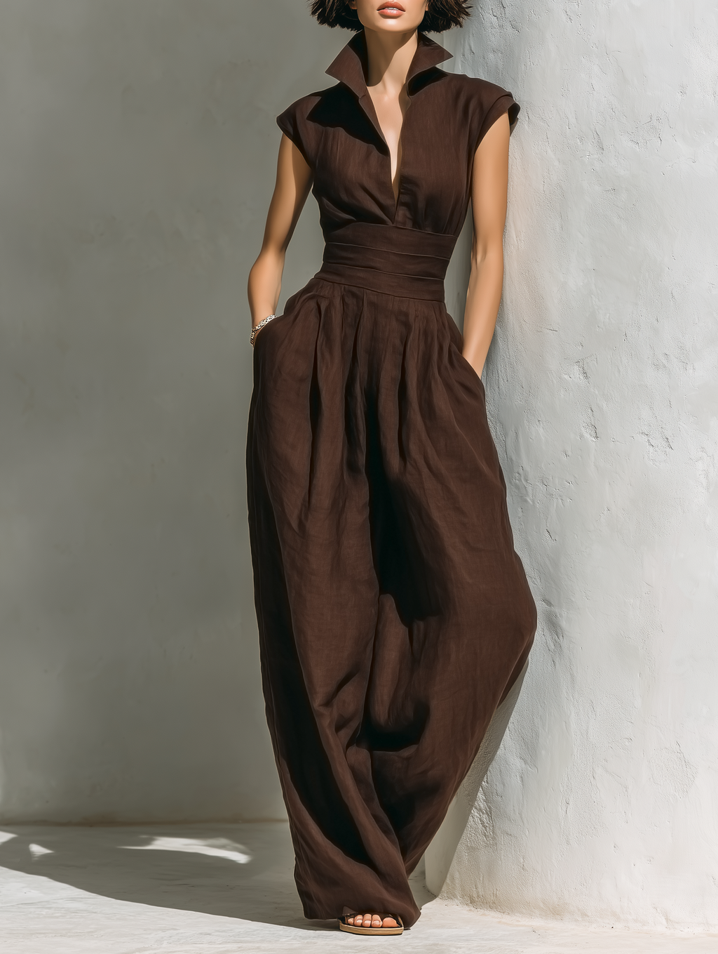 Linen Cap-Sleeve Wide-Leg Jumpsuit