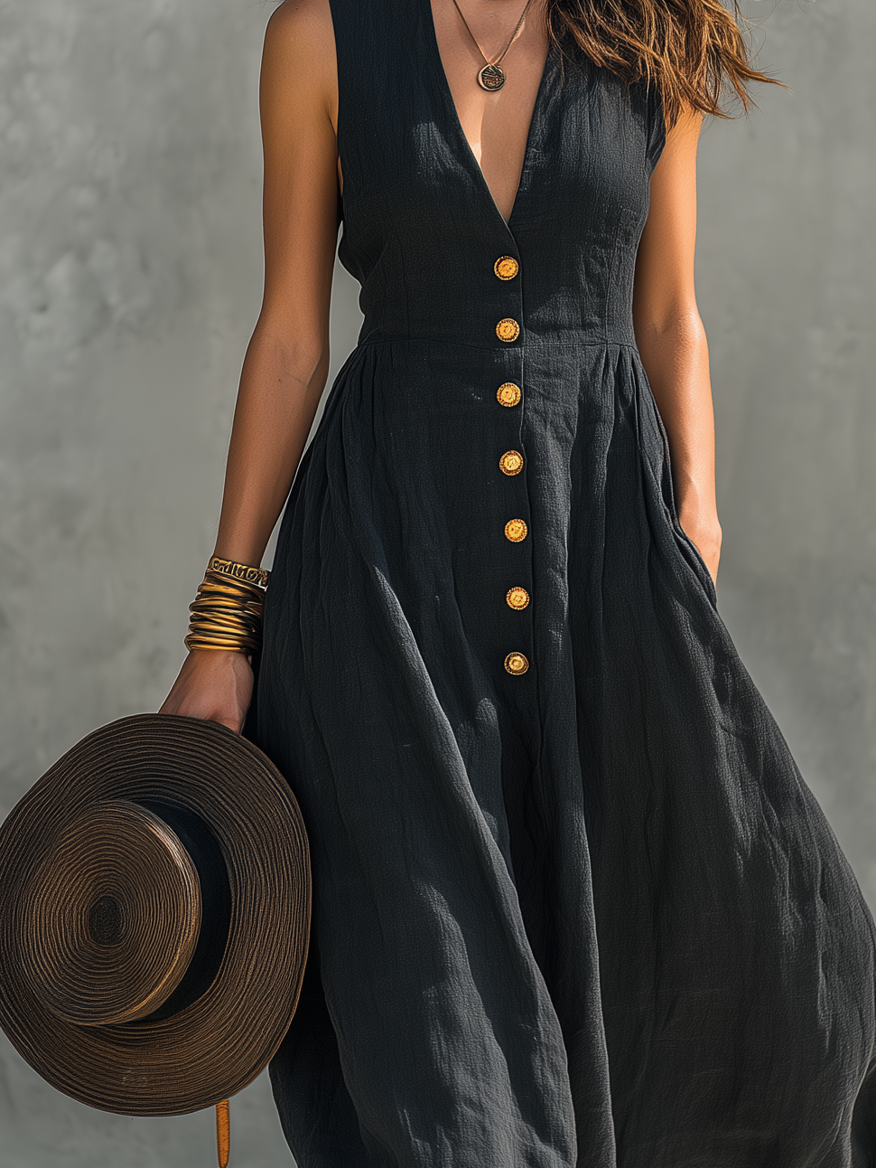 Charcoal Denim Cap-Sleeve Contrast Stitch Midi Dress