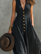 Charcoal Denim Cap-Sleeve Contrast Stitch Midi Dress