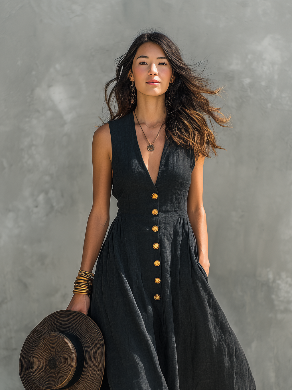 Charcoal Denim Cap-Sleeve Contrast Stitch Midi Dress