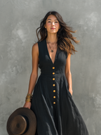 Charcoal Denim Cap-Sleeve Contrast Stitch Midi Dress