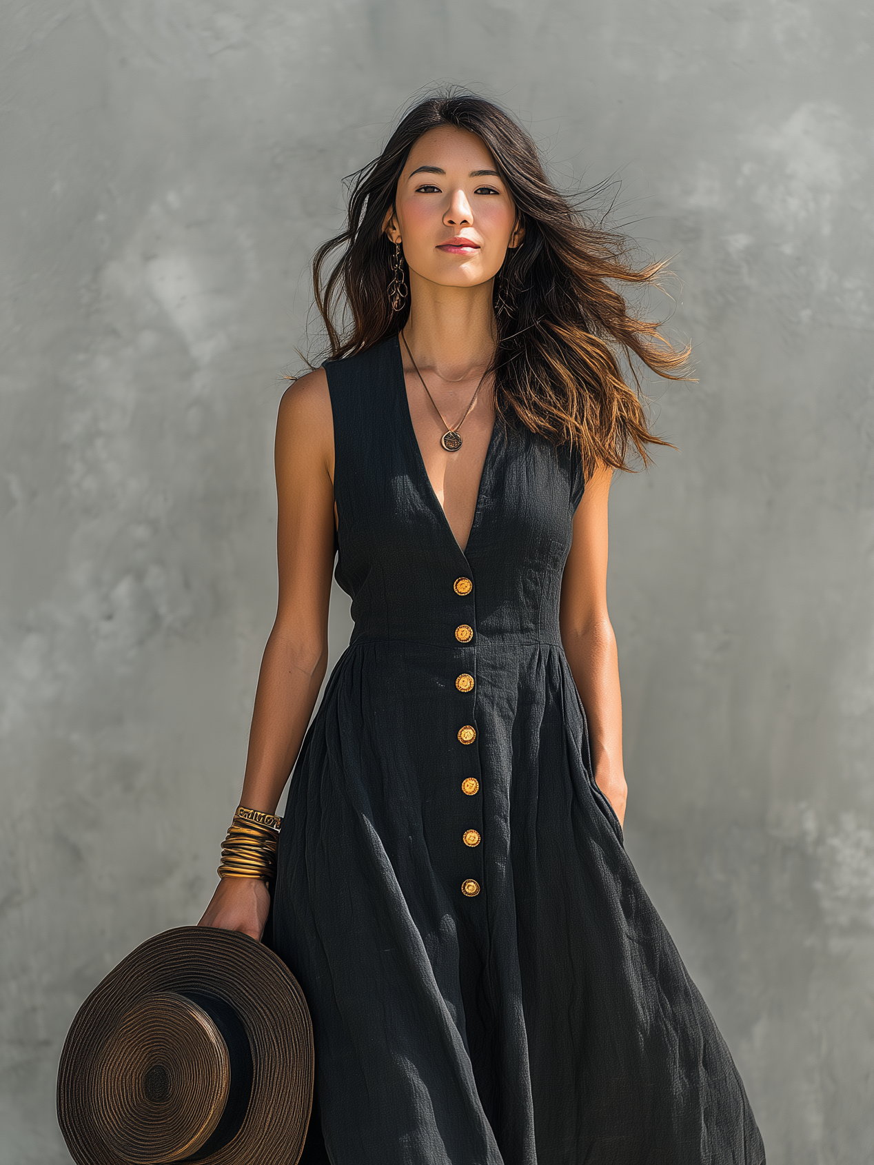 Charcoal Denim Cap-Sleeve Contrast Stitch Midi Dress