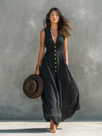 Charcoal Denim Cap-Sleeve Contrast Stitch Midi Dress