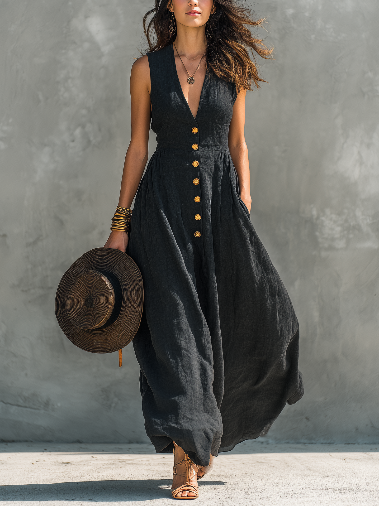 Charcoal Denim Cap-Sleeve Contrast Stitch Midi Dress
