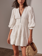 White Cotton-Linen Round-Neck Zipper Mini Dress