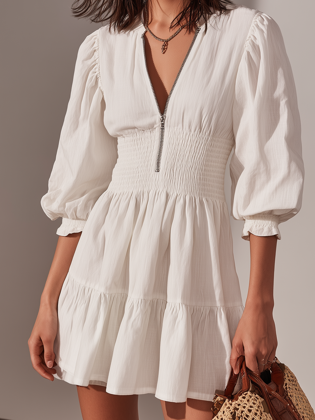 White Cotton-Linen Round-Neck Zipper Mini Dress