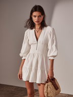 White Cotton-Linen Round-Neck Zipper Mini Dress