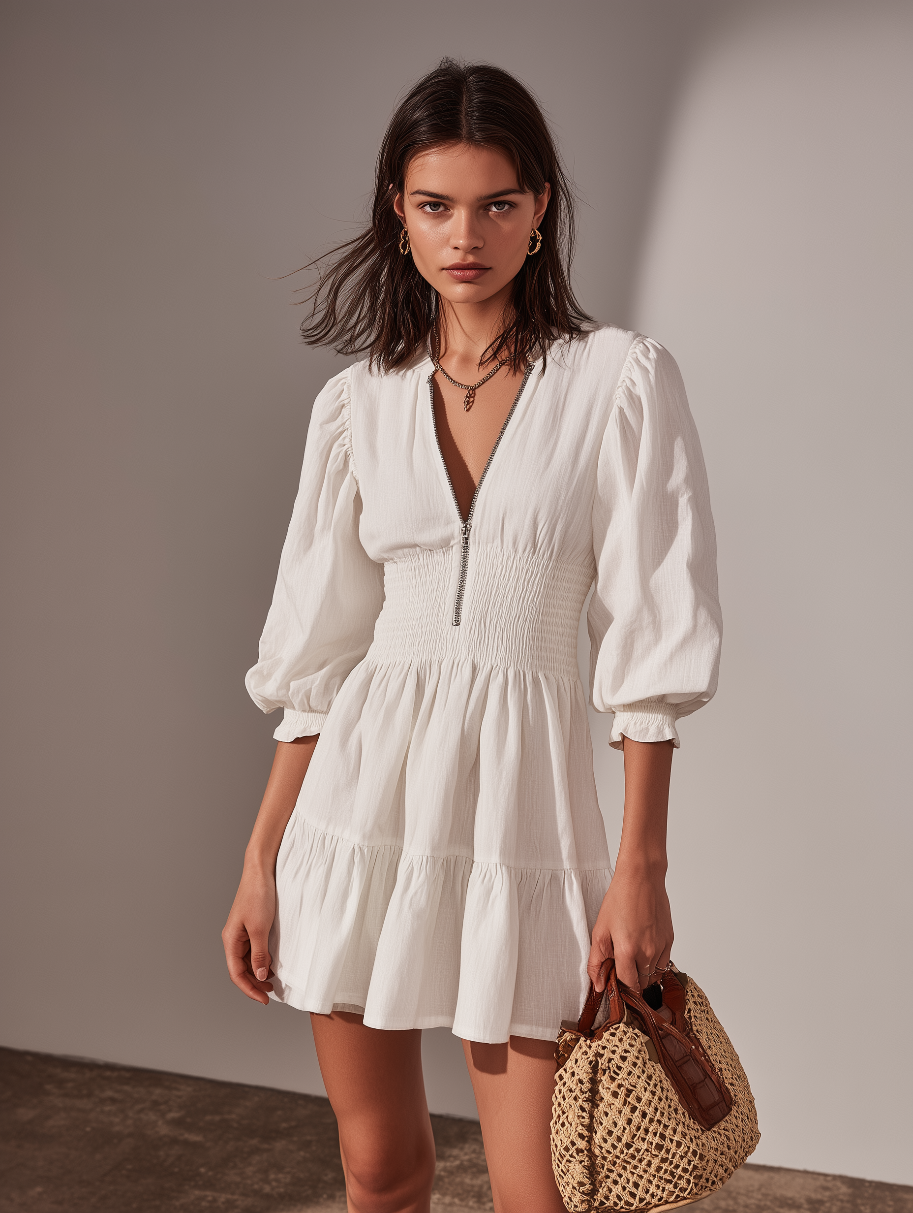 White Cotton-Linen Round-Neck Zipper Mini Dress