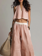 Light Pink V-Neck Sleeveless Top & Trousers Set