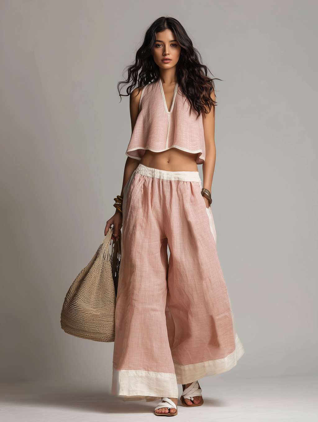 Light Pink V-Neck Sleeveless Top & Trousers Set