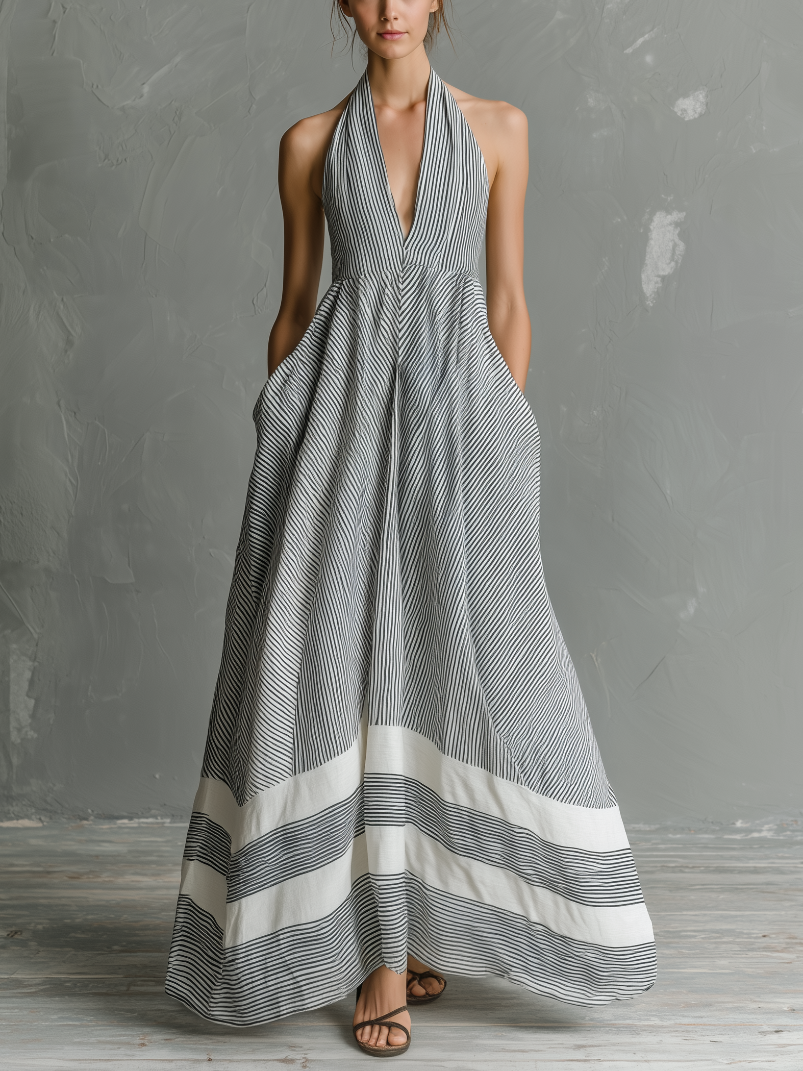 Women's Casual Grey & White Striped Halter-Neck Sleeveless Woven Maxi Dress MDZ0314D2LXY
