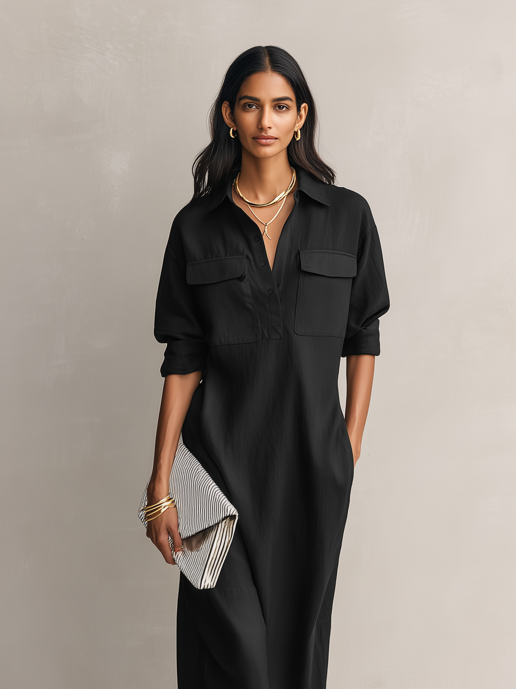 Black Cotton Linen Shirt Collar Midi Dress