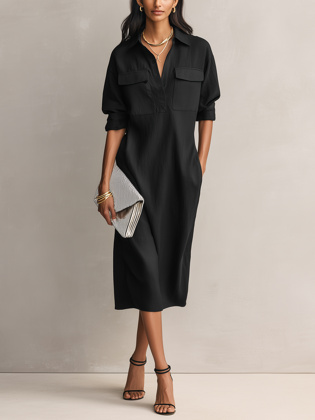 Black Cotton Linen Shirt Collar Midi Dress
