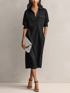 Black Cotton Linen Shirt Collar Midi Dress